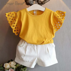 Girls Clothing Set New Summer Flower Hollow Sleeve Tops +Shorts Kids Suits